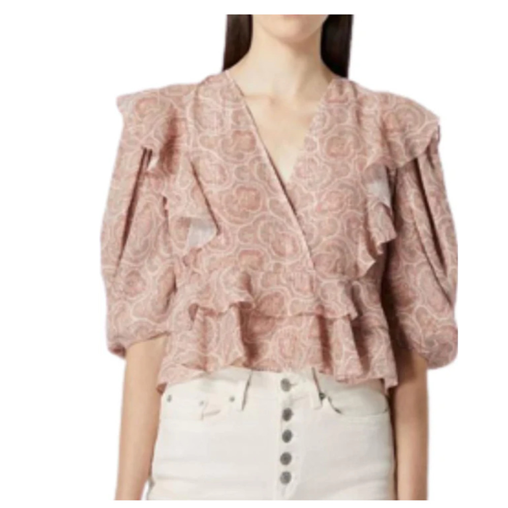 The Kooples Silk Crop Top Womens Pink Paisley V-Neck Ruffle Blouse XL